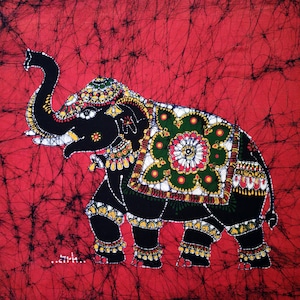 インド象の装飾タミルバティック絵画壁掛けコットンタペストリー 25インチ x 32インチ
