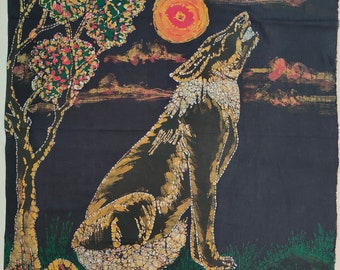 Wolf Howling Moon Night Jungle, Batik Painting Wall Hanging Cotton Tapestry W 24" x H 32"