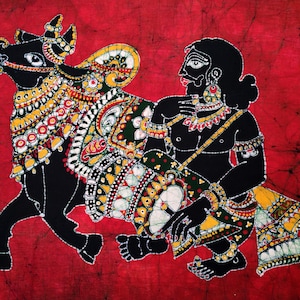 Indian decorated bull Batik Painting Wall Hanging Cotton Tapestry 39&quot;x 50&quot;