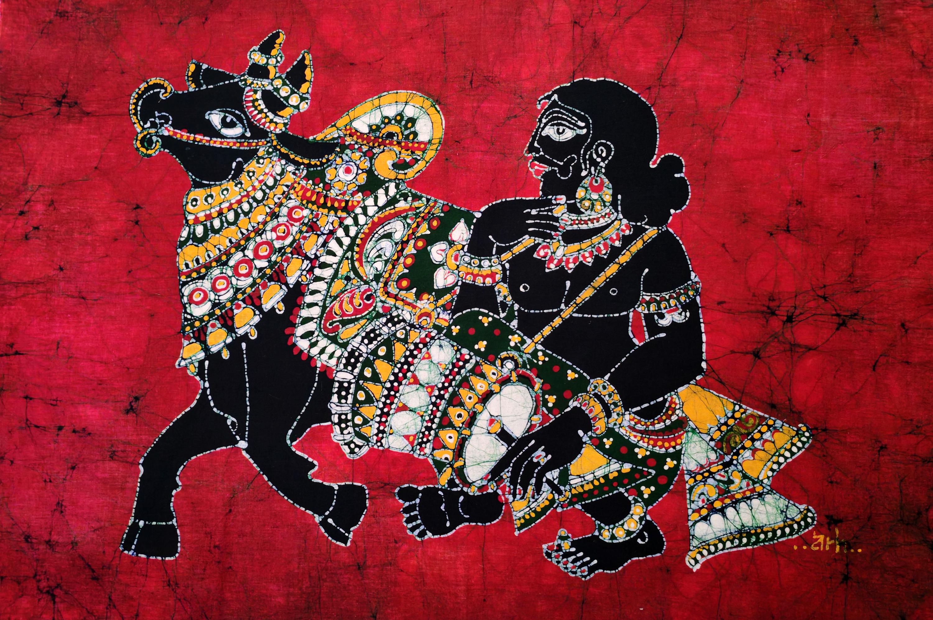Indian decorated bull Batik Painting Wall Hanging Cotton Tapestry 39"x 50"