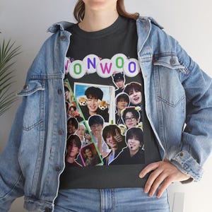 Lindas contas de letras Wonwoo e tiras de fotos unissex camiseta de algodão pesado camiseta Wonwoo camiseta Seventeen camiseta Kpop