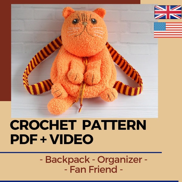 Crochet pattern backpack cat, PDF+video tutorial, Orange cat amigurumi, Instant download, Bag girl animal, Bag boy kitty, Accessory for kids