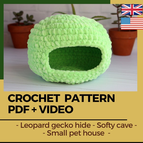 Casa de gecko leopardo con patrón de ganchillo, cueva para mascotas de ganchillo, tutorial de casa para mascotas de felpa extra suave, cesta para mascotas de piel de gecko, cama para reptiles, nido de pájaro acogedor