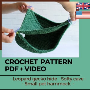 May include: Green crocheted hammock for small pets, like a leopard gecko. The hammock is suspended by suction cups. The image includes the text "CROCHET PATTERN PDF + VIDEO - Leopard gecko hide - Softy cave - Small pet hammock - "