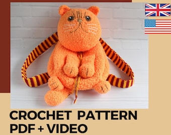 Crochet pattern backpack cat, PDF+video tutorial, Orange cat amigurumi, Instant download, Bag girl animal, Bag boy kitty, Accessory for kids