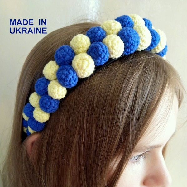 Couronne de boules jaunes bleues, boucles d’oreilles, bandeau en fil de coton au crochet, accessoires pour cheveux bandeau jaune bleu drapeau, produit ukrainien, cadeau Patriot