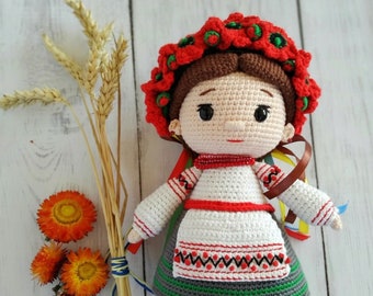 Ukrainian doll girl 8", Crocheted ukrainian toy national suit, Natural and eco friendly folk doll, Ukrainian souvenir, Ukrainian folk style