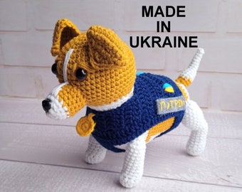 Dog Patron from Ukrainian Chernihiv, Crochet hero miner, Custom plush Jack Russell Terrier gift, Solidarity with Ukrainian people, UA seller