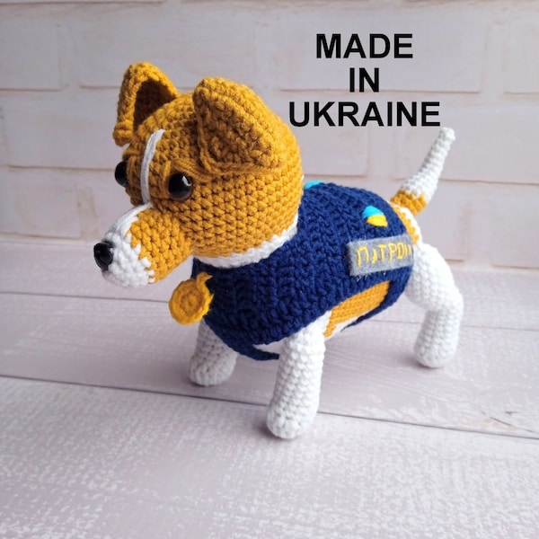 Dog Patron from Ukrainian Chernihiv, Crochet hero miner, Custom plush Jack Russell Terrier gift, Solidarity with Ukrainian people, UA seller