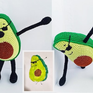 Custom stuffed plush from drawing, Agent Avocado plush 8&quot; Personalized crochet cotton avocado funny vegan gift, Kawaii avocado soft fruit