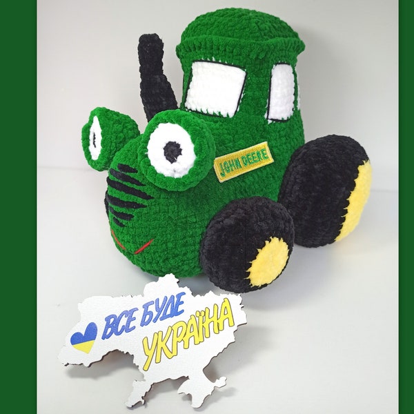 Green tractor plush, Crochet farm stuffed toy, Custom plush transport, Personalized crochet toy, Ukrainian Towing Service Tractor John Deere