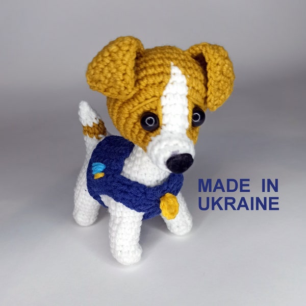 Mini dog Patron from Ukrainian Chernihiv, Crochet hero miner, Custom plush Jack Russell Terrier gift, Solidarity with Ukrainian people, UA