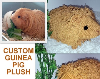 May include: A custom-made, crochet guinea pig plush in shades of tan and brown. The plush has a shaggy texture and black button eyes. The image also includes a photo of a real guinea pig and the text "CUSTOM GUINEA PIG PLUSH MADE IN UKRAINE."