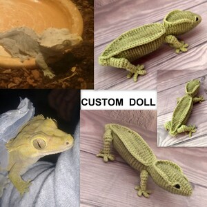 Crested gecko plush, Crocheted remember replica, Custom stuffed animal from a picture, Photo look alike gecko doll, Lizard plush best gift