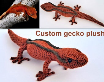 Crested gecko plush, Crocheted remember replica 10", Custom stuffed animal from a picture, Look alike gecko doll, Lizard plush best gift, UA