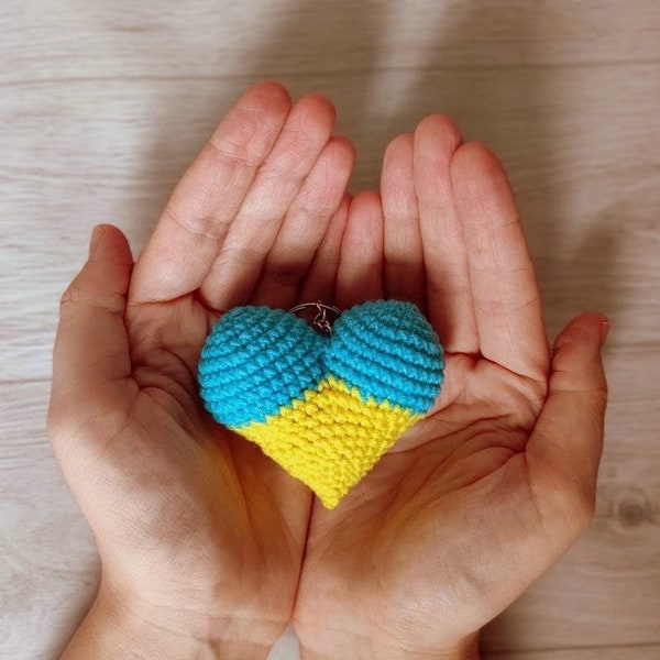 Ukraine Heart crochet keychain, Handmade plush stuffed gift, Flag Blue and Yellow keyring, Cotton bag and backpack charm Patriot gift peace