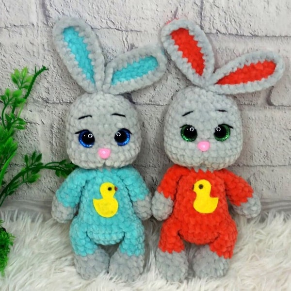 Small stuffed bunny 10", Large shining eyes, Crochet velvet plush bunny, Rabbit craft, Rustic Easter bunny, Babyshower decor, Spring decor