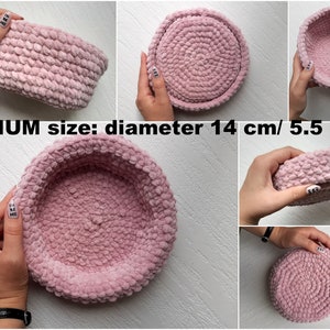 May include: A pink crocheted bowl with a diameter of 5.5 inches.  MEDIUM size: diameter 14 cm / 5.5 inch
