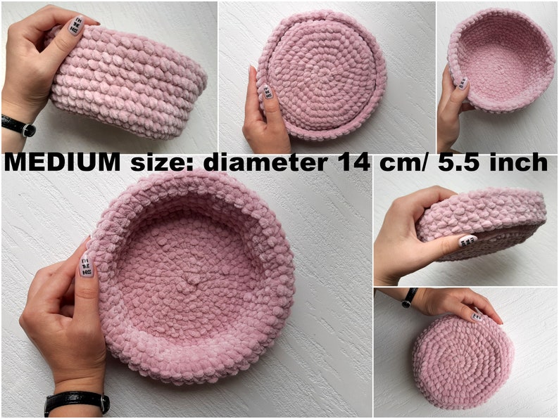 May include: A pink crocheted bowl with a diameter of 5.5 inches.  MEDIUM size: diameter 14 cm / 5.5 inch