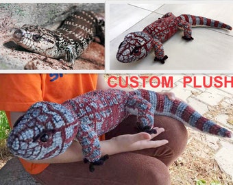 Custom Blue tongued skink Large velvet plush, 32" Crocheted remember replica, Stuffed animal from picture, Lizard plush from photo best gift