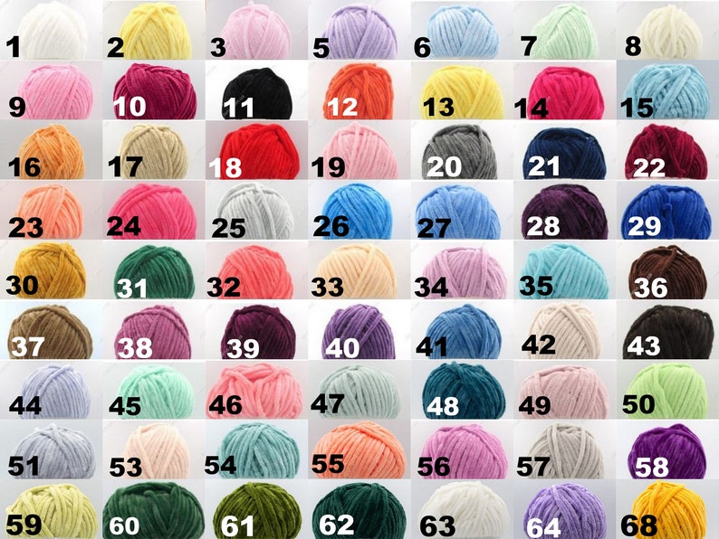 May include: A collection of 68 yarn balls in various colors, including white, yellow, pink, purple, red, orange, brown, green, blue, and gray. Each ball is numbered from 1 to 68.