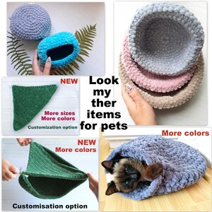 May include: A collection of crocheted pet beds in various colors, including blue, pink, and gray. The beds are made of soft, plush yarn and are designed to provide comfort and warmth for pets. The image also shows a cat curled up in one of the beds. The text "Look my other items for pets" is visible in the image.