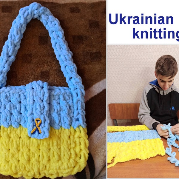 Ukrainian boy knit, Fluffy shoulder, Yellow Blue bucket tote bag, Super soft chenille hand purse, Messenger bag gift, Stay with Ukraine gift