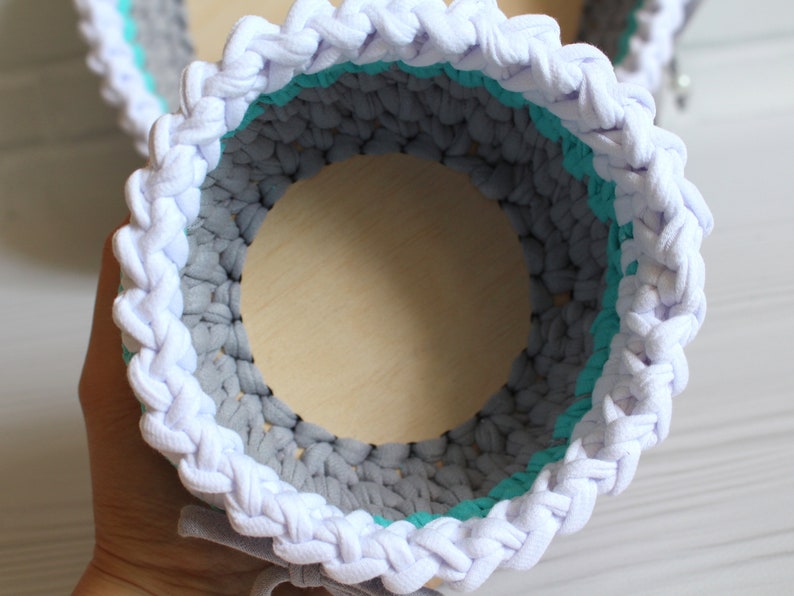 Crochet basket with wooden bottom Small round 3 colors home Etsy