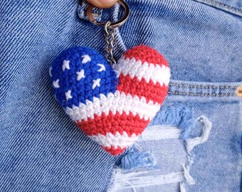USA flag keychain, American flag heart keychain, Patriotic keychain, car mirror Crochet heart United States flag, Presidential election gift