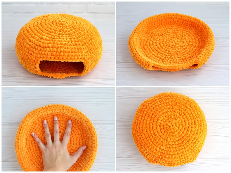 May include: Four orange crocheted cat beds in different shapes. The beds are made of a soft, fuzzy yarn and have a round, oval, and square shape.