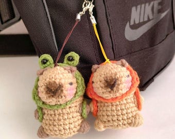 Capybara plush toy 2&quot; Car Mirror hanging, Kawaii plushie Capybara keychain, Funny crochet animals Capybara-mandarin, Capybara-frog backpack