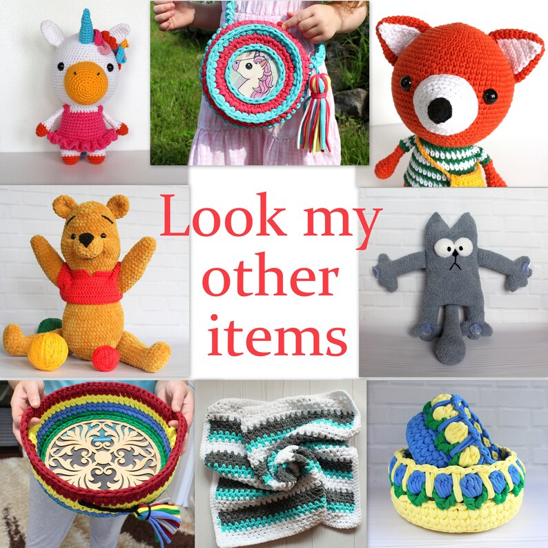 May include: A collection of crocheted items including a unicorn, a fox, a cat, a Winnie the Pooh character, a basket, a blanket, and a bowl. The image also includes the text "Look my other items".