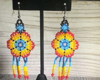 Rainbow Handmade Seed Beaded Flower Dangle Earrings