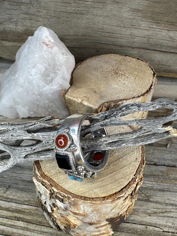 Statement Sterling Silver Stamped Ring with Jet, … - image 3