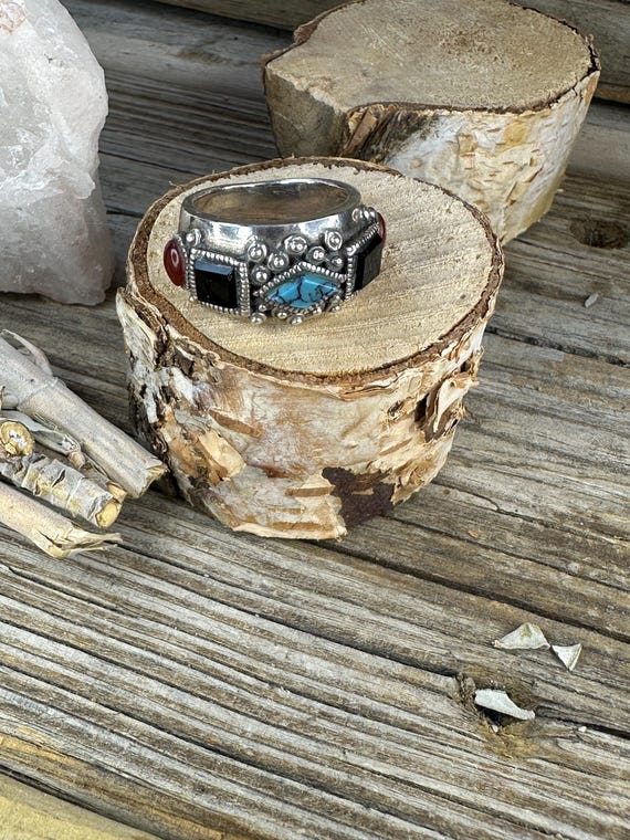 Statement Sterling Silver Stamped Ring with Jet, … - image 12