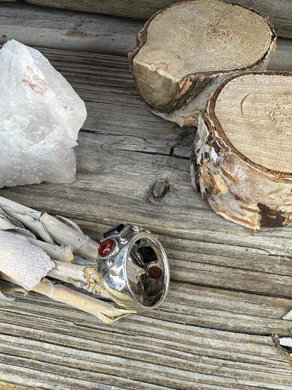 Statement Sterling Silver Stamped Ring with Jet, … - image 8