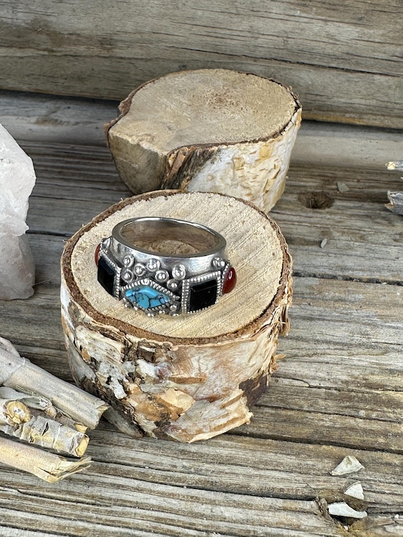 Statement Sterling Silver Stamped Ring with Jet, … - image 1