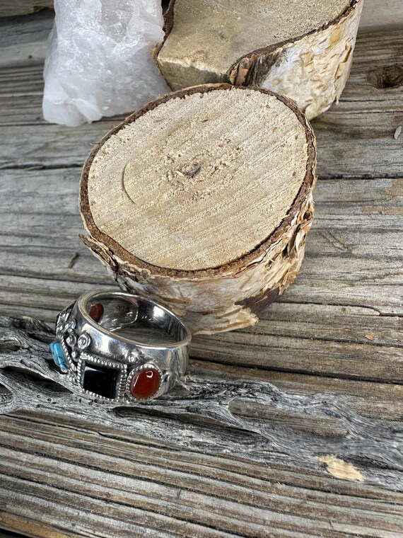 Statement Sterling Silver Stamped Ring with Jet, … - image 15