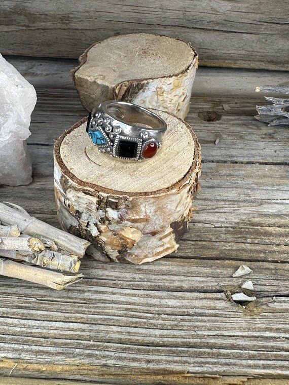Statement Sterling Silver Stamped Ring with Jet, … - image 5