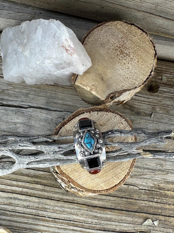 Statement Sterling Silver Stamped Ring with Jet, … - image 13