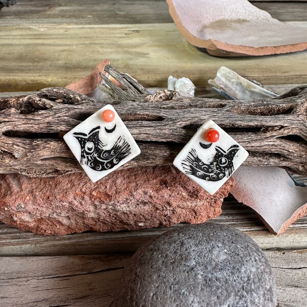 Handmade Porcelain Tile Square Earrings with Fish