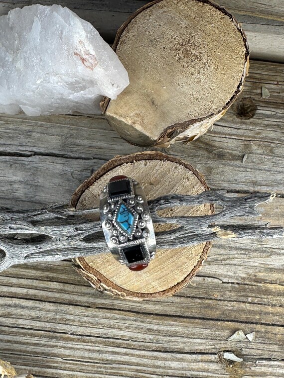 Statement Sterling Silver Stamped Ring with Jet, … - image 4