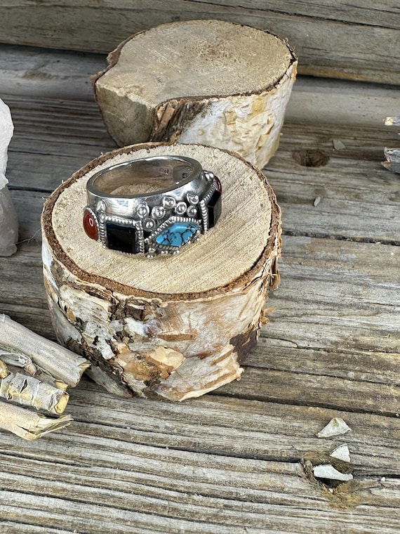 Statement Sterling Silver Stamped Ring with Jet, … - image 2