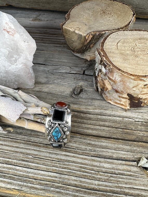 Statement Sterling Silver Stamped Ring with Jet, … - image 11