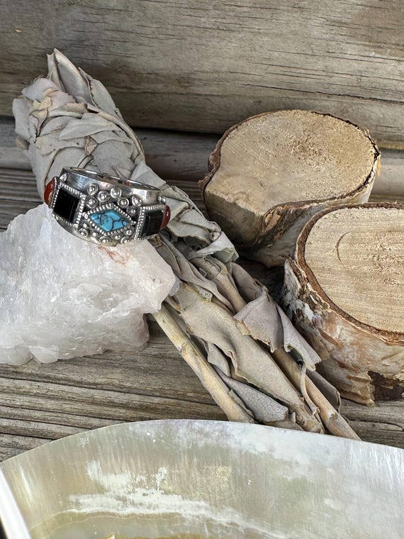 Statement Sterling Silver Stamped Ring with Jet, … - image 10