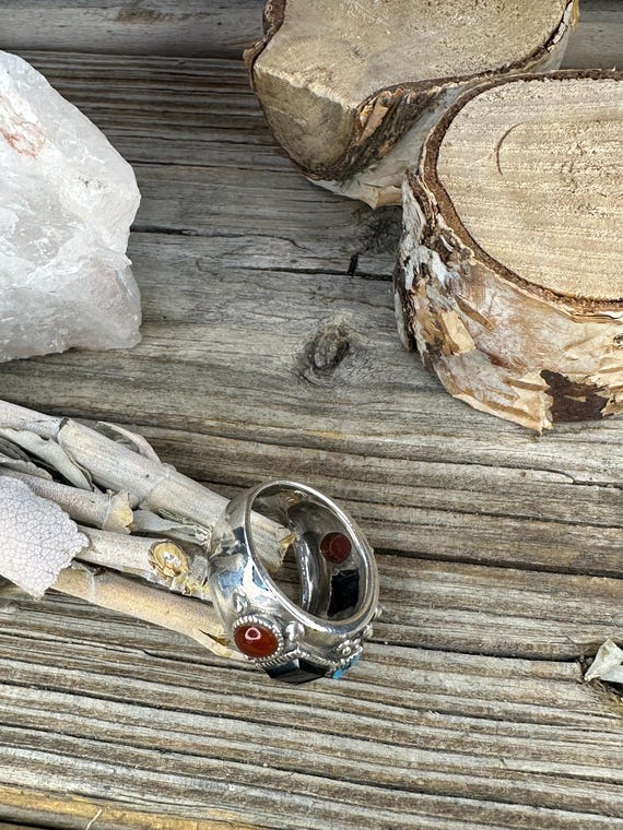 Statement Sterling Silver Stamped Ring with Jet, … - image 9