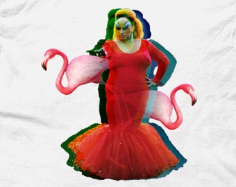John Waters-T-shirt Pink Flamingos - Divine T-shirt, Camp, Queer, Trash, John Waters-T-shirt. Zwart, wit.