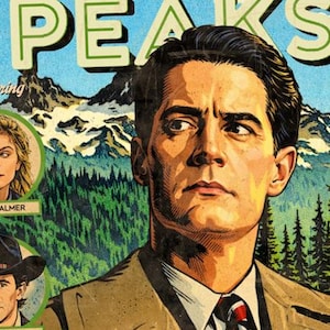 Close-up of distressed halftone textures and comic-book artwork on Twin Peaks Agent Cooper print.