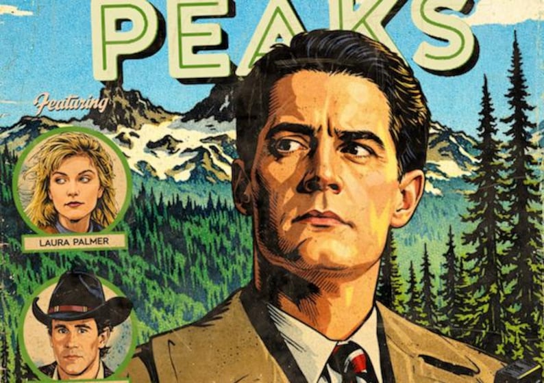 Close-up of distressed halftone textures and comic-book artwork on Twin Peaks Agent Cooper print.