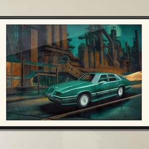 May include: A teal green car drives past a large industrial complex at night. The car has a sleek design and is illuminated by streetlights. The industrial complex is made up of tall, cylindrical structures with smoke coming from their tops.